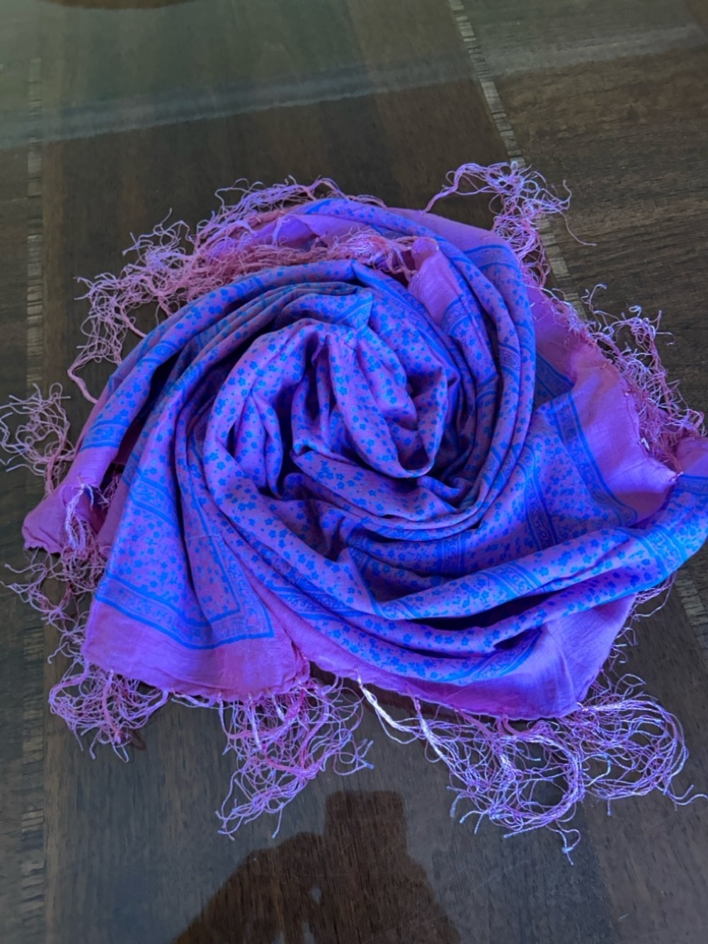 Purple & Blue Fringe Scarf Wrap floral pattern 33“ x 33“